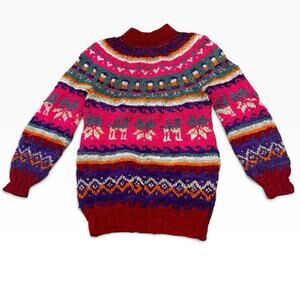 Vintage Hand Knit Fair Isle Sweater Llama Alpaca Folk Art Pink Purple S -